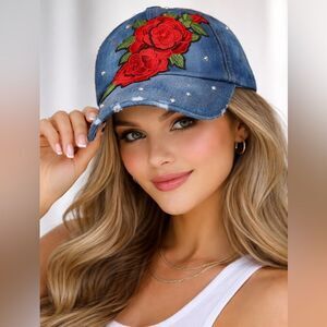 Embroidered Rose Denim Baseball Cap with Rhinestone Accents